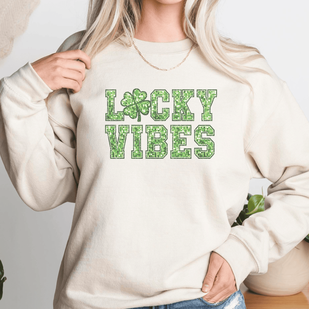 Lucky Vibes Faux Glitter St. Patrick's Day Crewneck Sweatshirt - Trendznmore