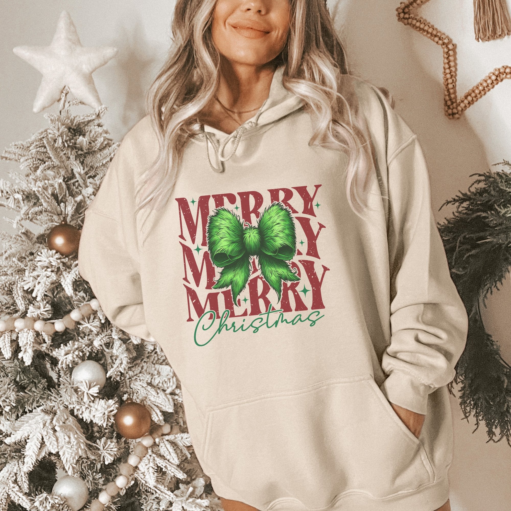 Merry Christmas Green Fur Coquette Bow Women's Hoodie - Trendznmore