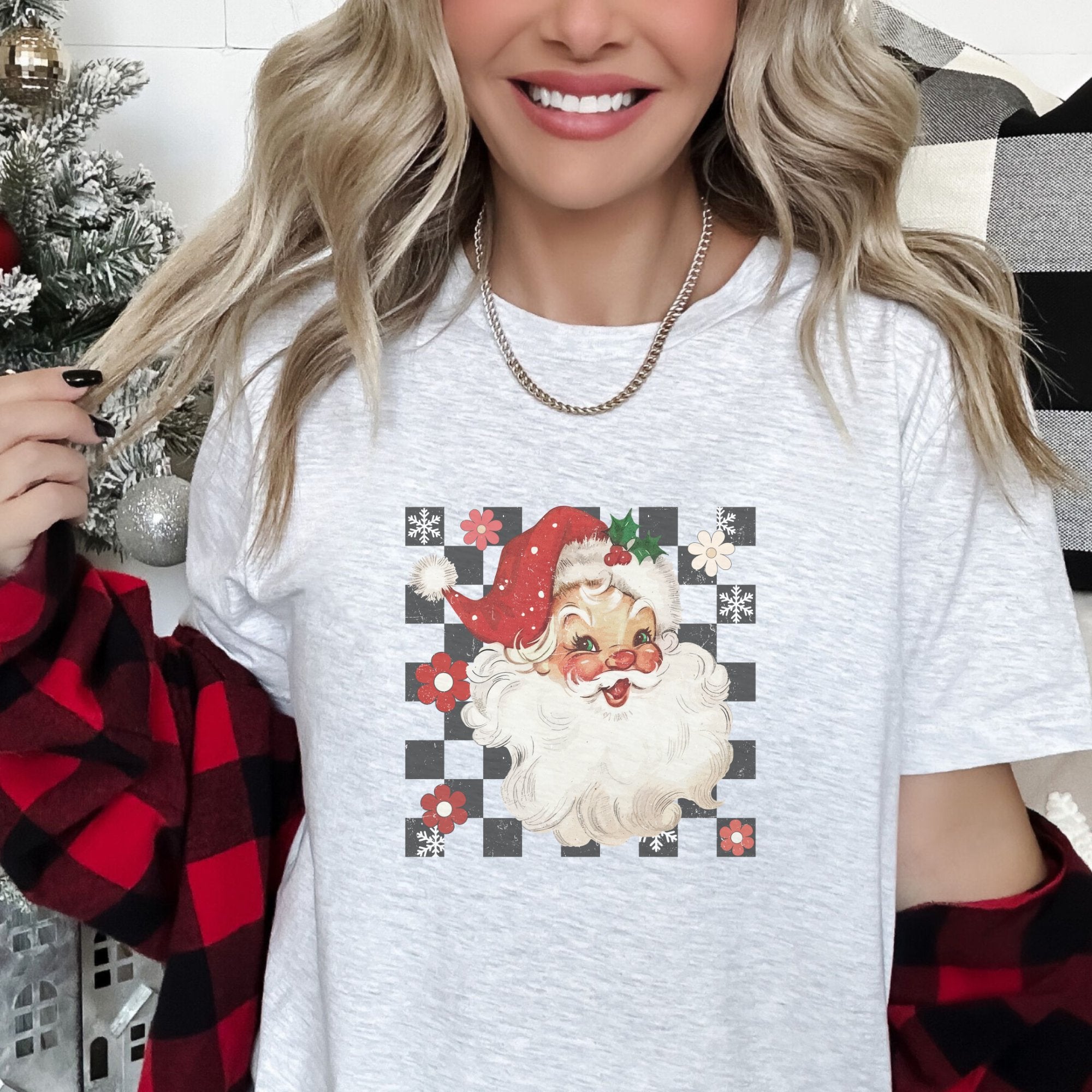 Retro Checkered Santa Claus Christmas T-shirt - Trendznmore