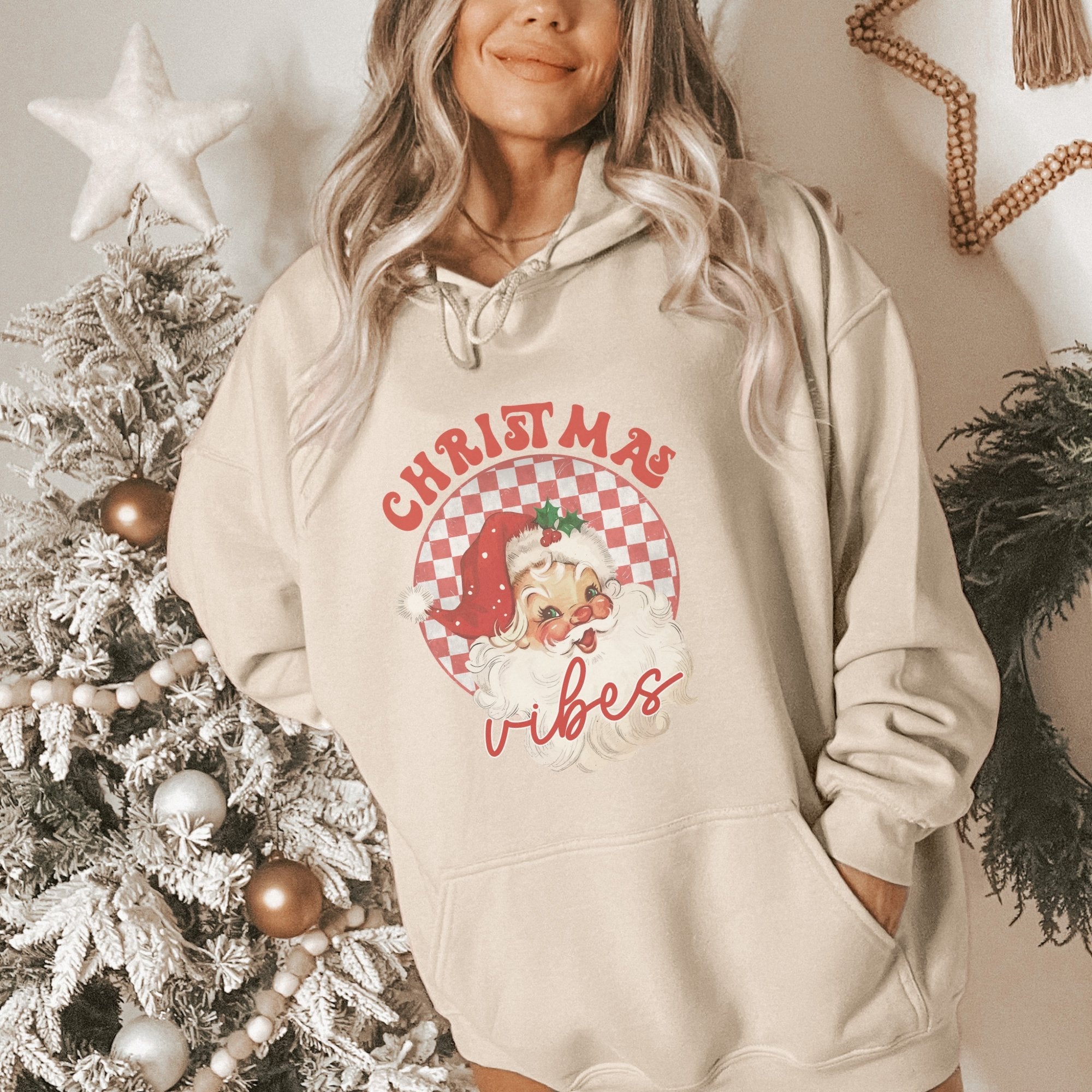 Retro Christmas Vibes Checkered Santa Women's Hoodie - Trendznmore