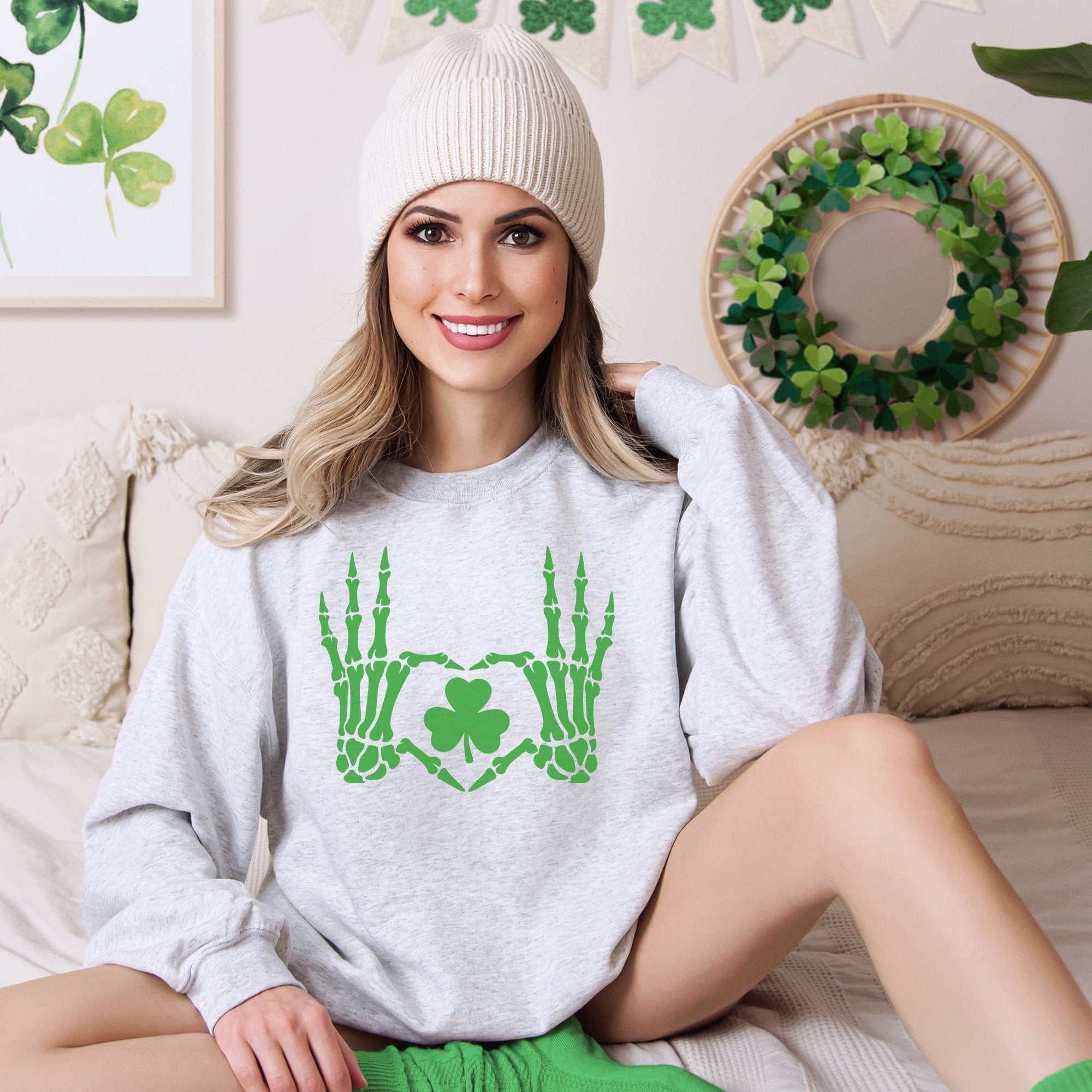 St. Patrick's Day Lucky Heart Skeleton Hands Crewneck Sweatshirt - Trendznmore