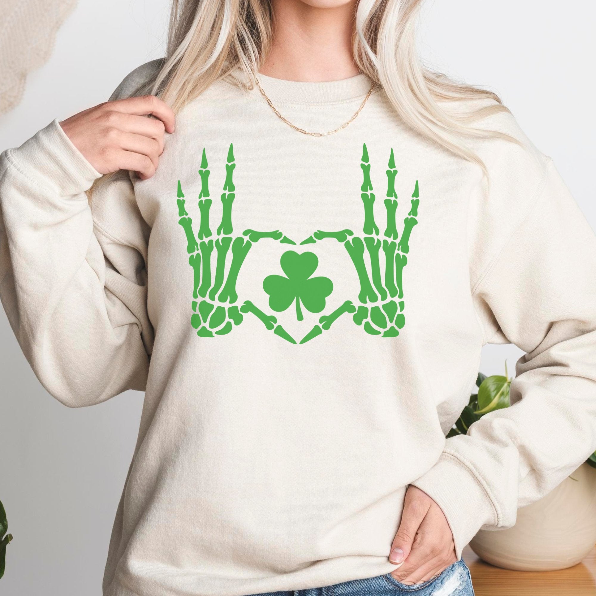 St. Patrick's Day Lucky Heart Skeleton Hands Crewneck Sweatshirt - Trendznmore