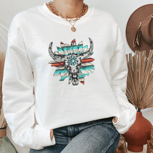 Western Boho Turquoise Flower Skull Graphic Sweatshirt - Trendznmore