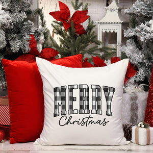 Black and White Plaid Merry Christmas Pillow Cover - Trendznmore