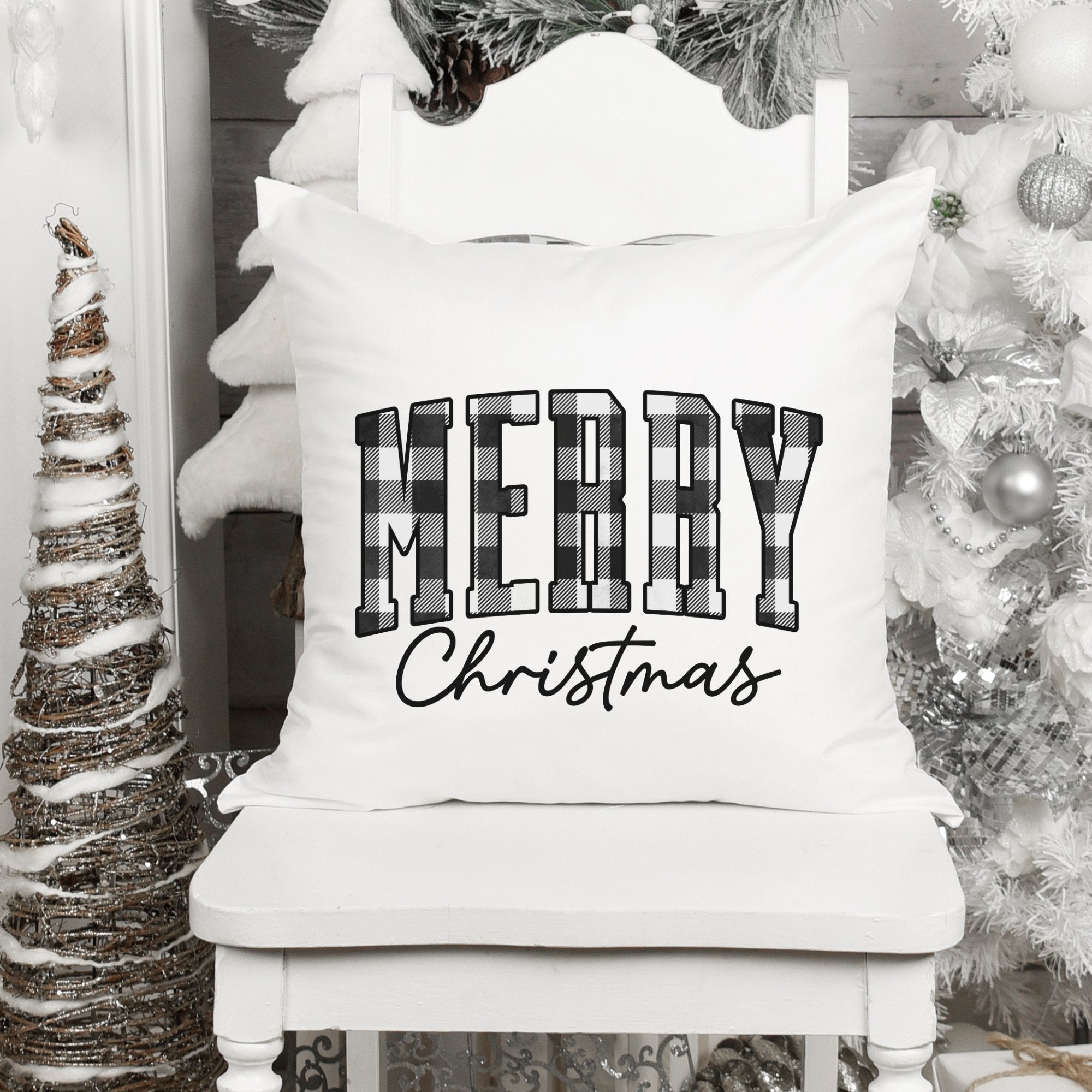 Black and White Plaid Merry Christmas Pillow Cover - Trendznmore