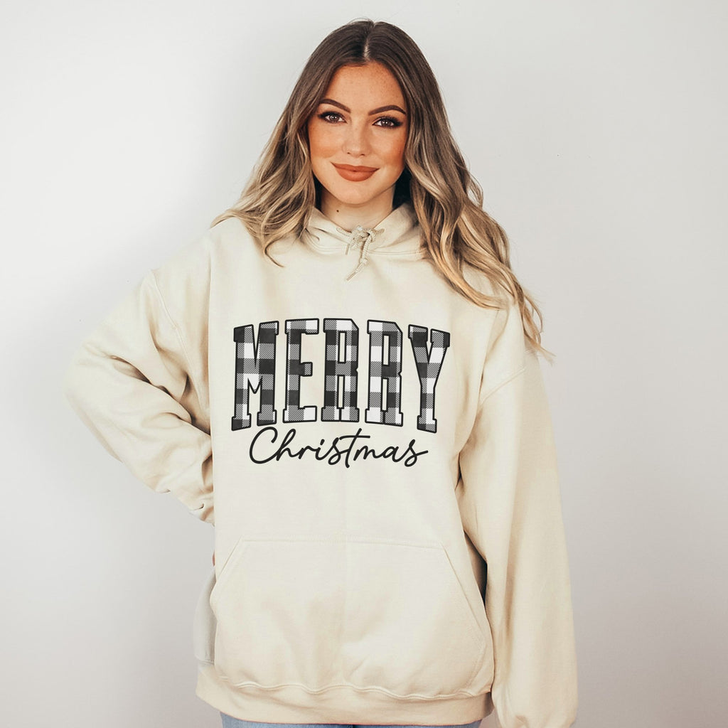 Black & White Plaid Merry Christmas Hoodie - Trendznmore