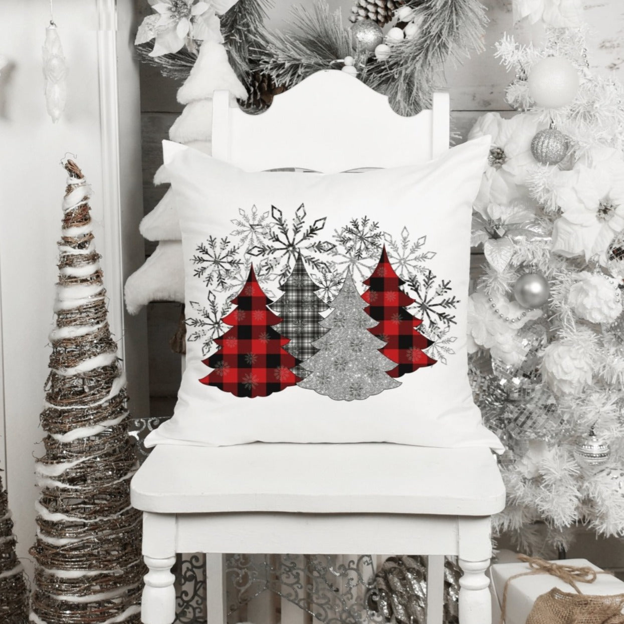 Buffalo Red/Silver Christmas Tree Pillow Cover - Trendznmore