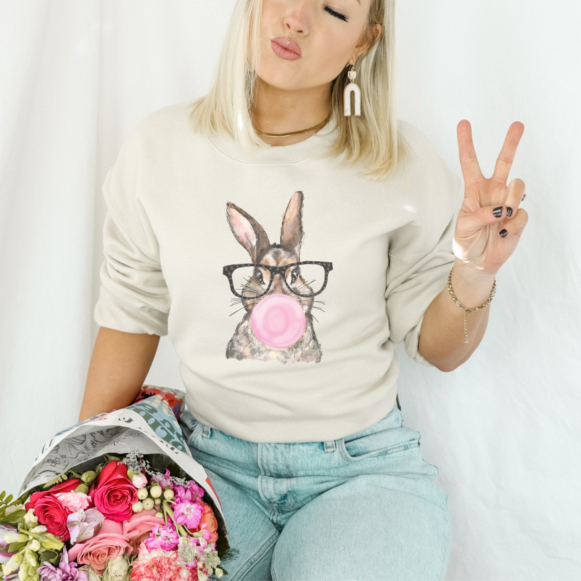 Bunny w/ Glasses Easter Crewneck Sweatshirt - Trendznmore