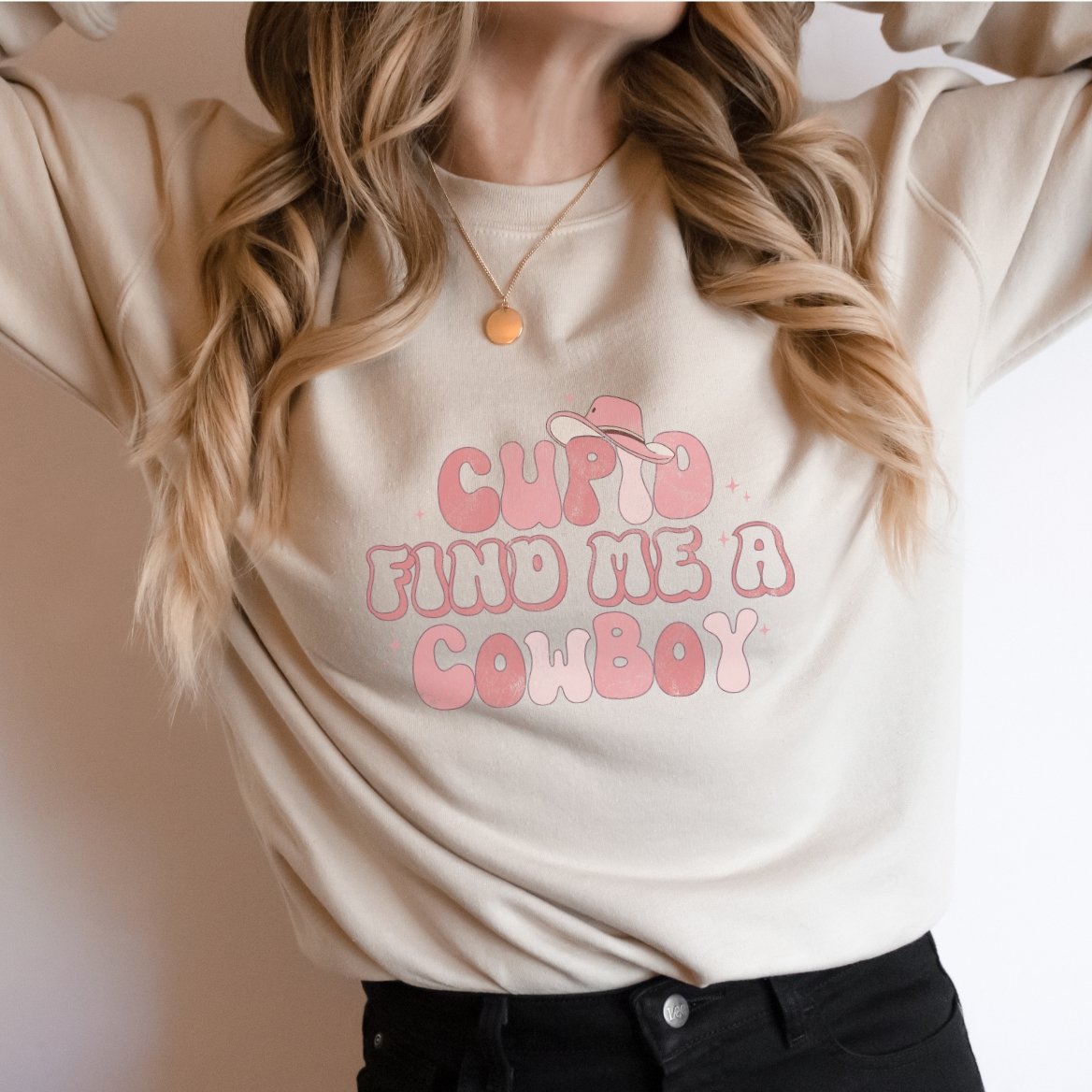 Cupid Find Me a Cowboy Retro Valentines Crewneck Sweatshirt - Trendznmore