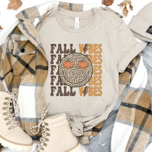 Fall Vibes Leopard Pumpkin Smiley Graphic T-Shirt - Trendznmore