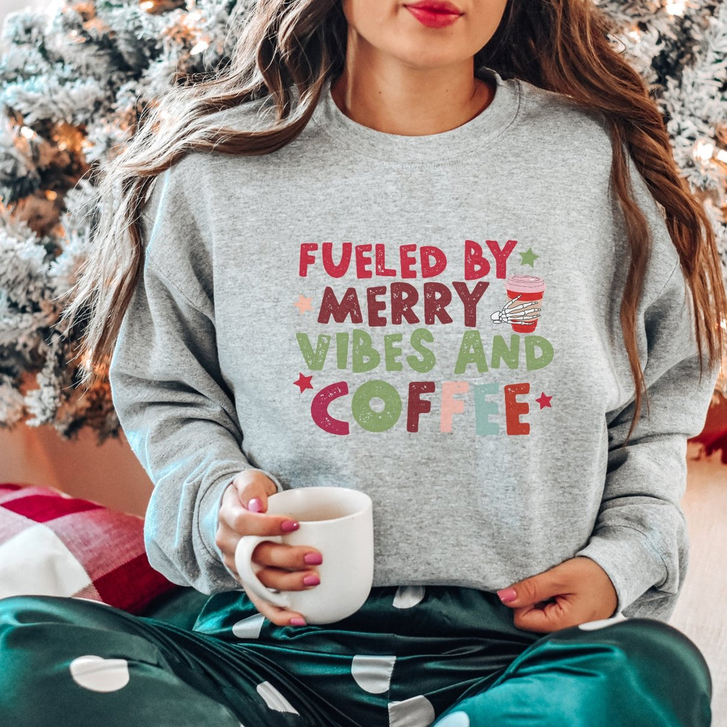 Fueled by Merry Vibes and Coffee Retro Crewneck Sweatshirt - Trendznmore