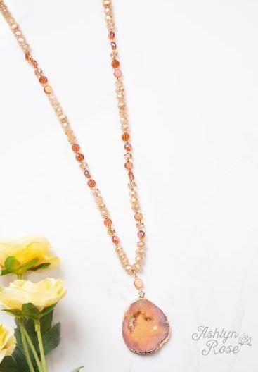 Glittering Pink Geode Beaded Necklace with Stone Pendant - Trendznmore