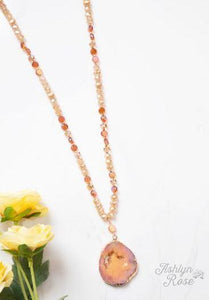 Glittering Pink Geode Beaded Necklace with Stone Pendant - Trendznmore
