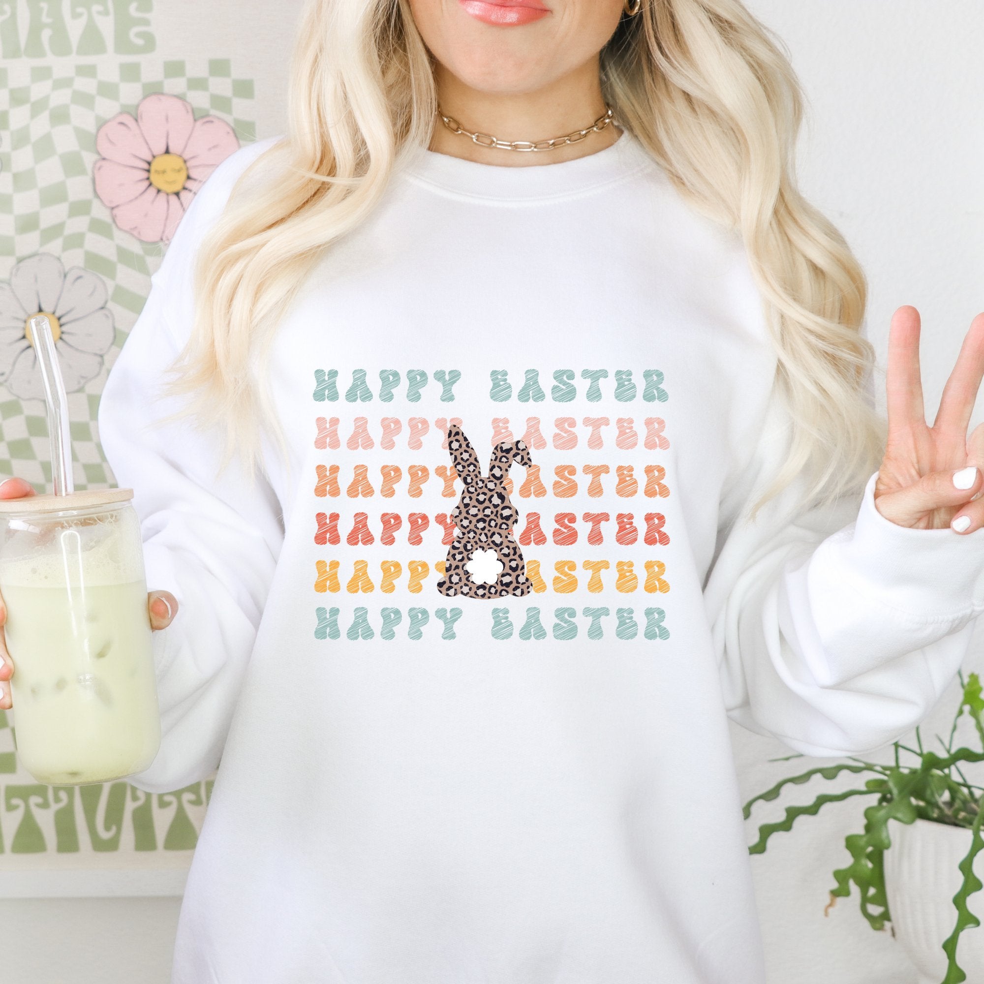 Happy Easter Cheetah Bunny Easter Crewneck Sweatshirt - Trendznmore