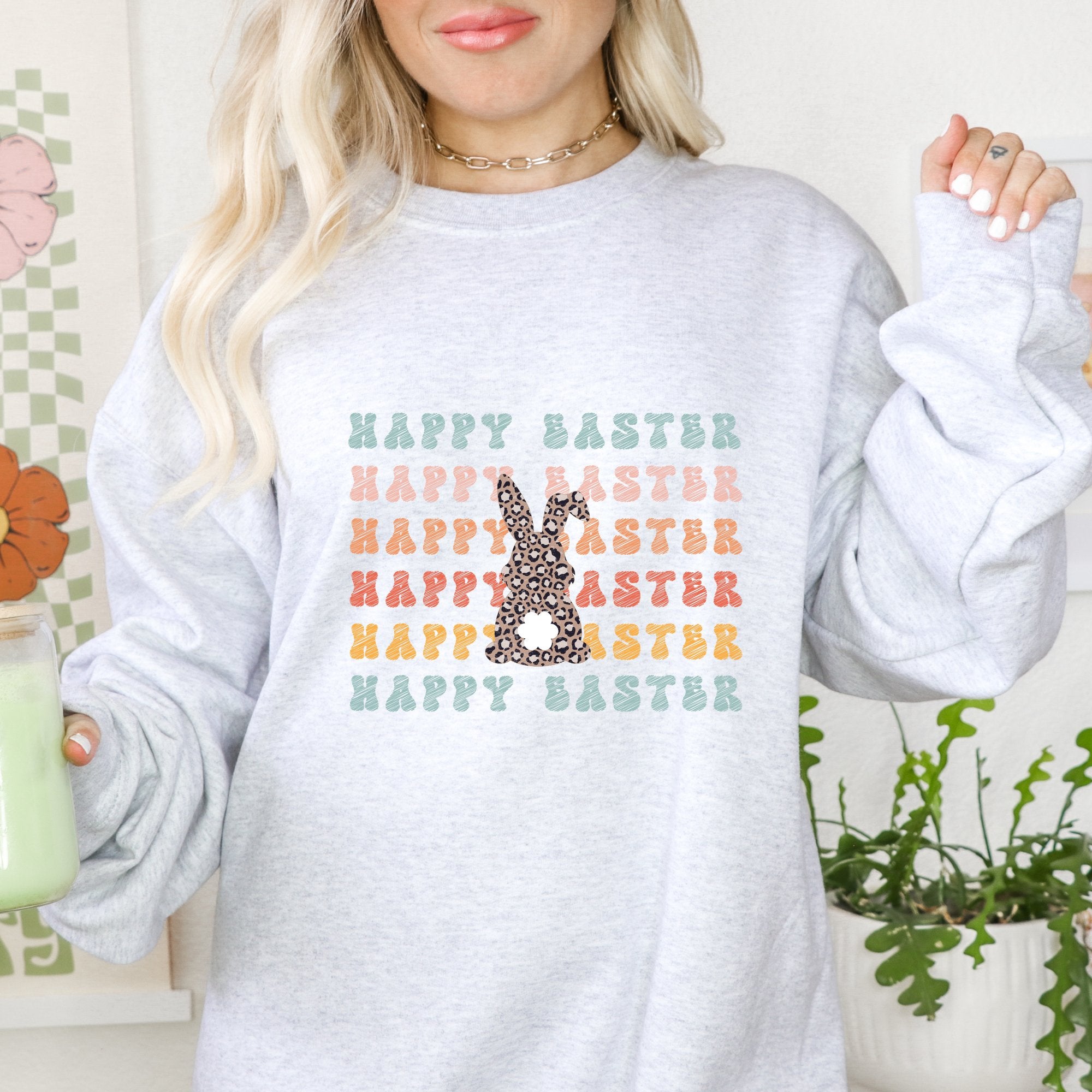 Happy Easter Cheetah Bunny Easter Crewneck Sweatshirt - Trendznmore