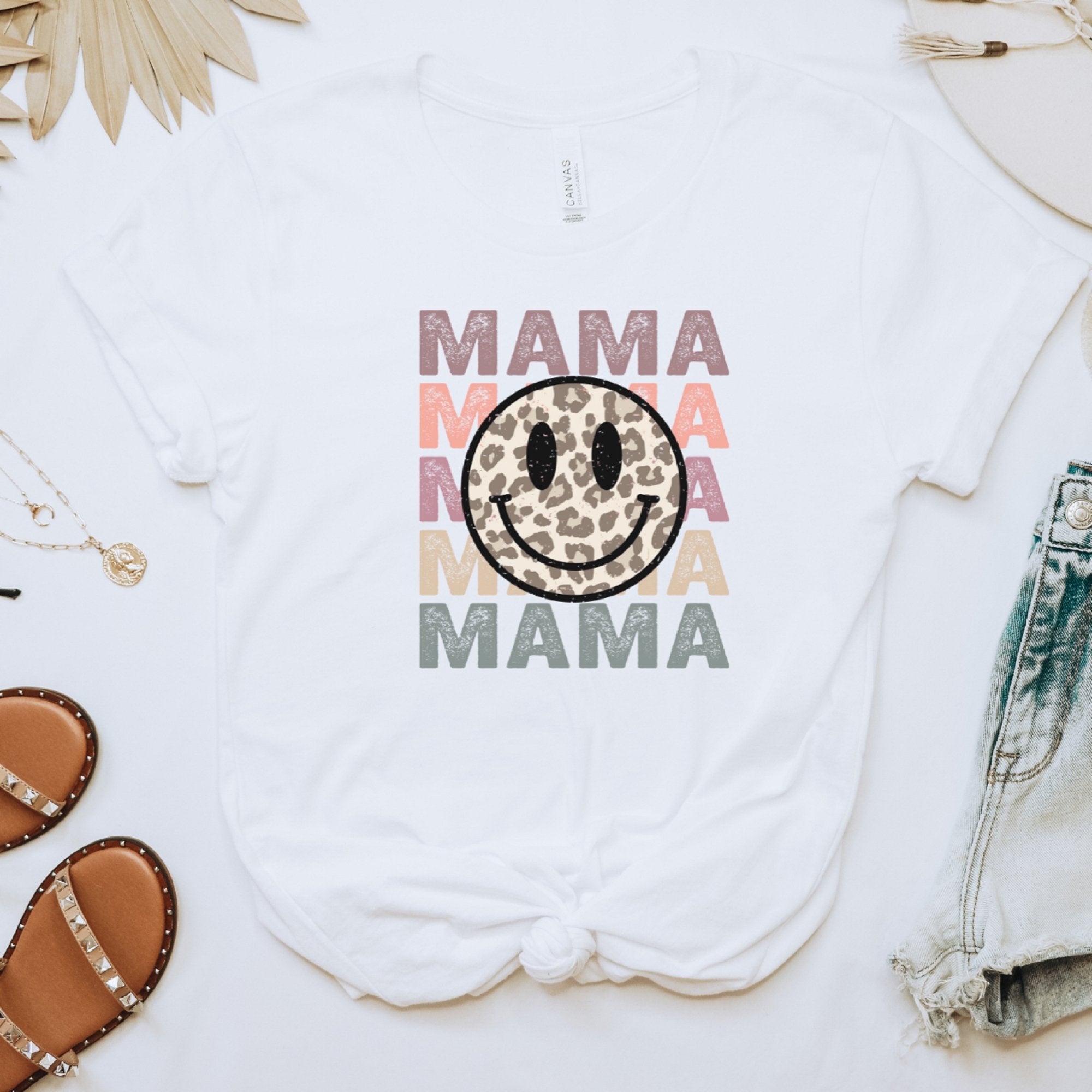 Mama Stacked Retro Smiley Leopard T-Shirt - Trendznmore