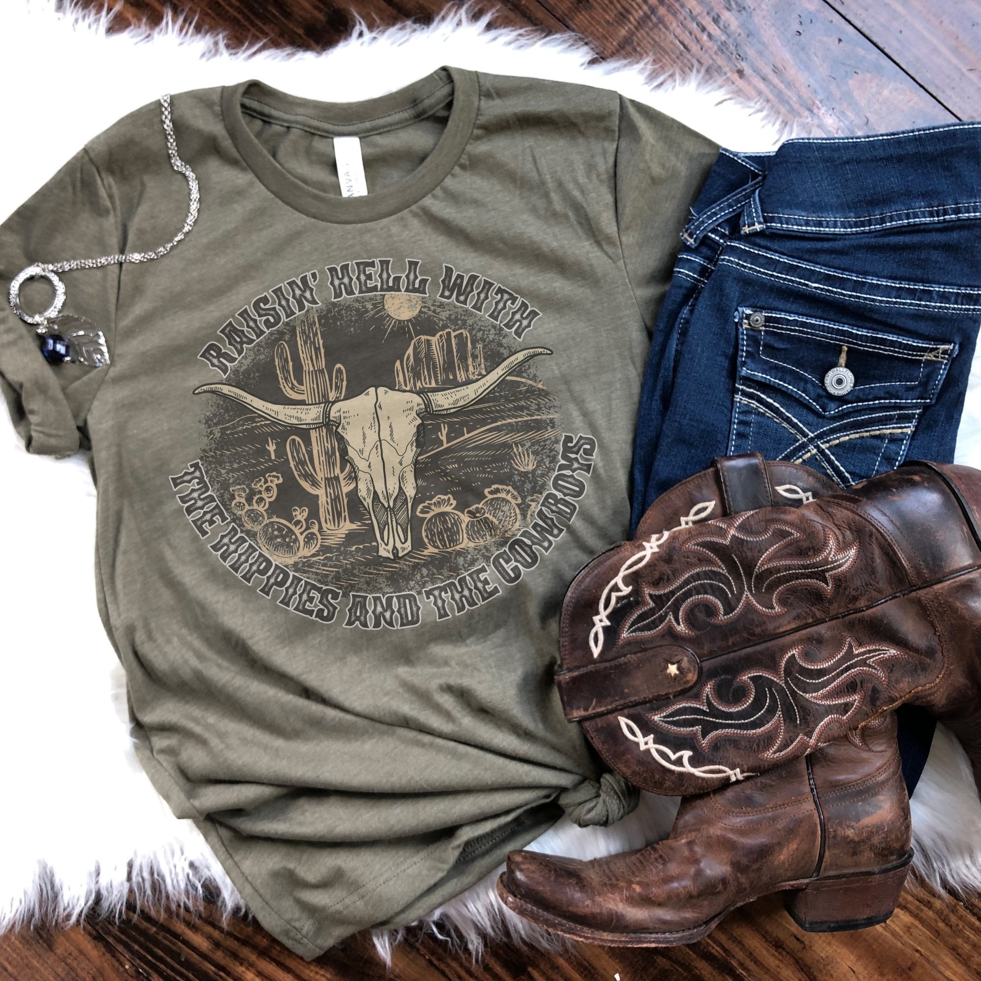 Raisin Hell with the Hippies and the Cowboys Skull T-Shirt - Trendznmore