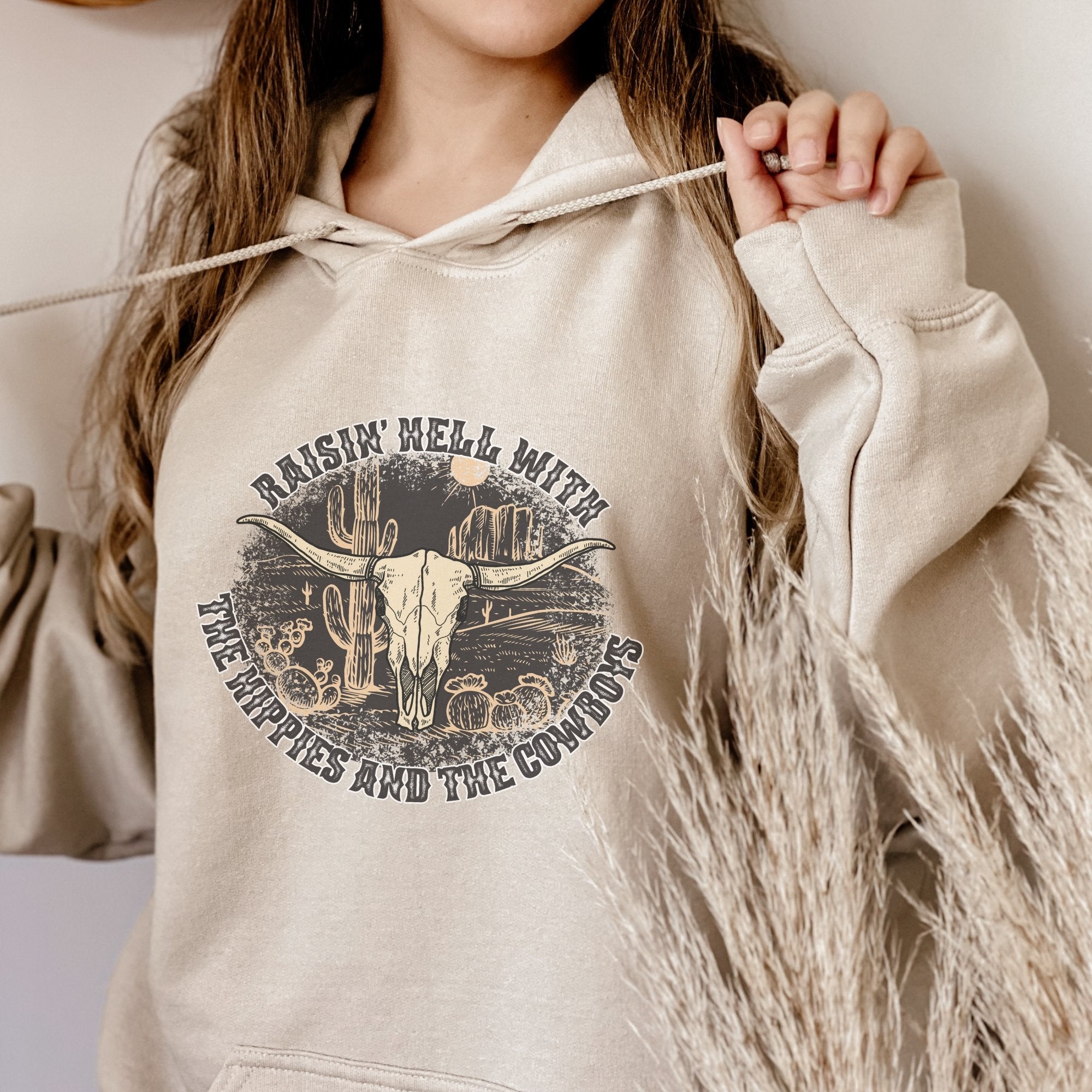 Raisin Hell with the Hippies and the Cowboys Western Graphic Hoodie - Trendznmore