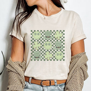 Retro Leprachaun-Shamrock-Smile Checkered St. Patrick's Day T-Shirt (S-2XL) - Trendznmore