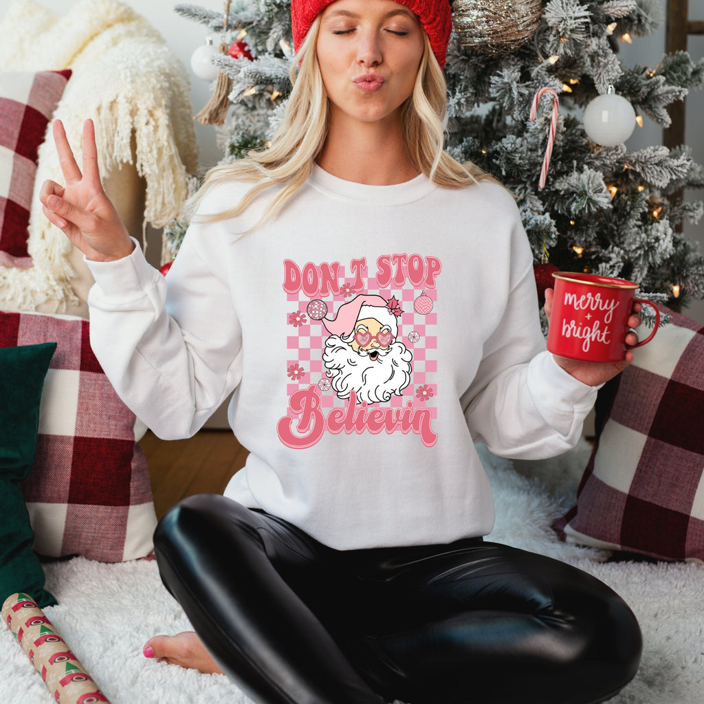 Retro Pink Don't Stop Believin' Christmas Sweatshirt - Trendznmore