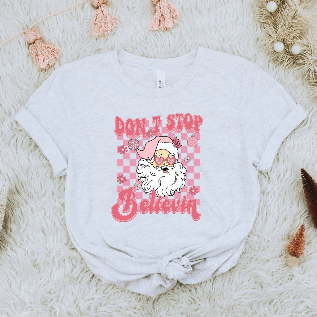 Retro Pink Don't Stop Believin' Christmas T-Shirt - Trendznmore
