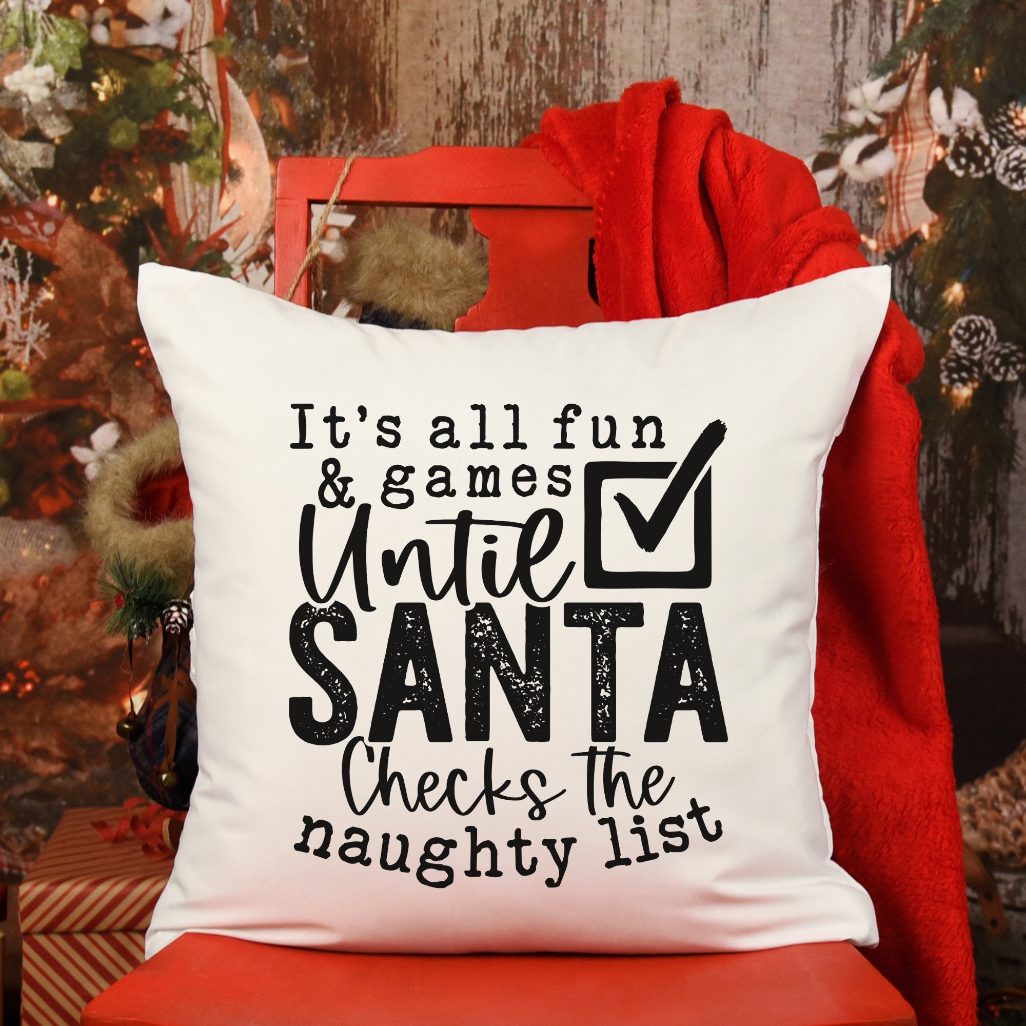 Santa Checks Naughty List Black Christmas Pillow Cover - Trendznmore
