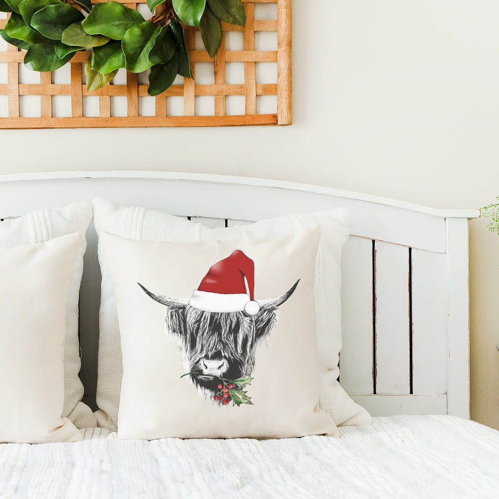 Santa Hat Highland Cow Christmas Pillow Cover - Trendznmore