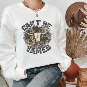 Western Can't Be Tamed Cow Skull Crewneck Sweatshirt - Trendznmore