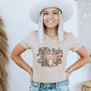 Wild Soul Leopard Western Boho Cow Skull T-Shirt - Trendznmore